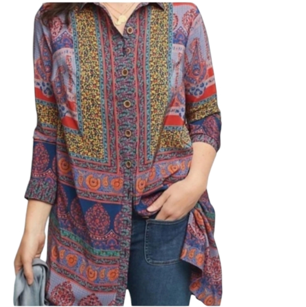 Anthropologie x Maeve Casablanca Silk Shirt Dress Mixed Print Size 0 - Picture 4 of 16